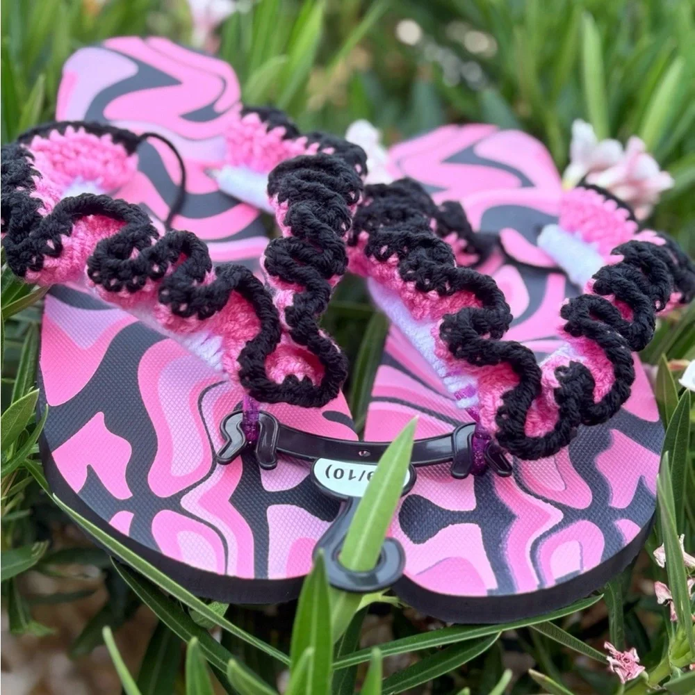 Vibrant Pink and Black Crochet Wavy Brim Hat | Flip Flops with Ruffles - Picture 11 of 12